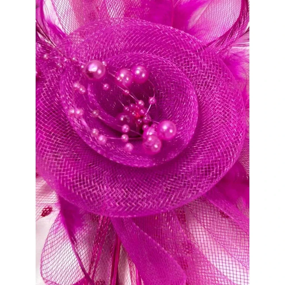 Fuchsia Fascinator Hair Clip Feather Pearl Polka Dot Mesh Tea Party Royal Luxury